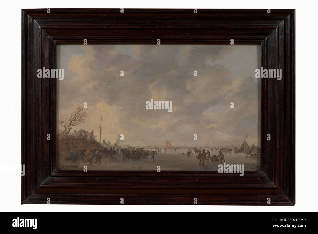 Vista invernale con Huys te Merwede, pittura, Jan van Goyen, 1638, Signature anteriore, in basso a sinistra, sul tronco dell'albero: JVGoyen 1638, pannello, dipinto ad olio, dimensioni complessive secondo il catalogo 1983: 39 × 61 cm 390 × 610 mm, con cornice: 58 , 5 × 81 × 5.5cm 585 × 810 × 55mm, pattinaggio, paesaggio invernale, donna, casa, ghiaccio, uomo, albero, merwede, pittura raffigurante un paesaggio invernale. La faccia grigia del ghiaccio mostra una luce debole sul ghiaccio e il freddo è suggerito dalla terra sterile in lontananza. Sotto un cielo alto, su una vasta distesa di ghiaccio e contro un orizzonte basso, l'intrattenimento di ghiaccio è rivelato in Foto Stock