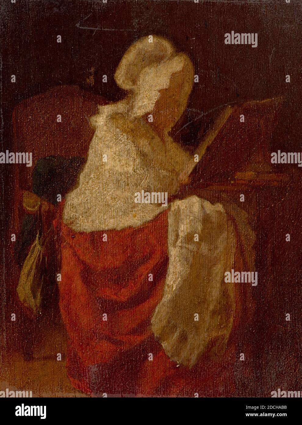 Pittura, Alexander Hugo Bakker Korff, c. 1870, pannello, vernice ad olio, supporto: 13 × 10.3 × 0.5cm 130 × 103 × 5mm, con telaio: 21.5 × 19 × 3cm 215 × 190 × 30mm, lettura, donna, olio, disegno, raffigurante una donna che legge. La donna è seduta su una poltrona e tiene il suo libro a fianco. Viene girata diagonalmente a destra. Un reticolo è sospeso dal bracciolo. La donna è vestita con una gonna rossa, un grembiule bianco e un cappuccio bianco. Il pannello è in una cornice dorata con un bordo in madreperla lungo il bordo interno e un motivo a foglia lungo il bordo esterno, 1993 Foto Stock