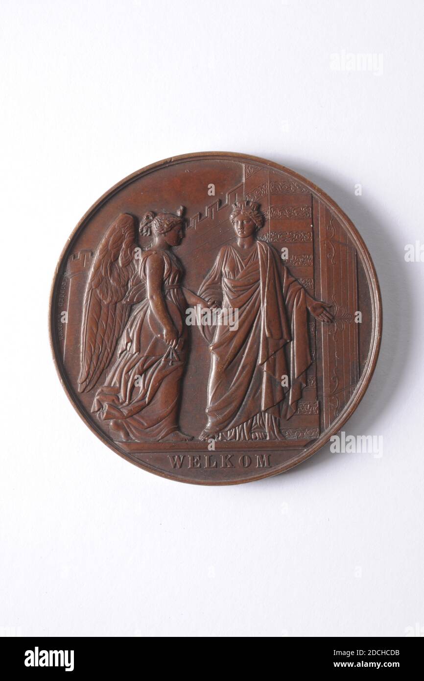 Medaglia, Leopold Wiener, 1861, coniata, Generale: 5.8 x 0,5 cm (58 x 5 mm), peso: 89,3 g, medaglia di bronzo coniata al festival artistico di Anversa nel 1861. Sull'ossessione una rappresentazione allegorica della vergine di Anversa che permette al Muze Thalia di entrare nella porta della città della cittadella. Sotto l'immagine l'iscrizione: BENVENUTO. A sinistra lungo il bordo in lettere molto piccole il nome del produttore: LEOPOLD WIENER. Al contrario lo stemma di Anversa sotto la testa di una mucca con banderole che la circondano con il testo su di esso: WT JONSTEN ZAEMEN. Al di fuori di un bordo di perla intorno ad esso il testo: ANVERSA Foto Stock
