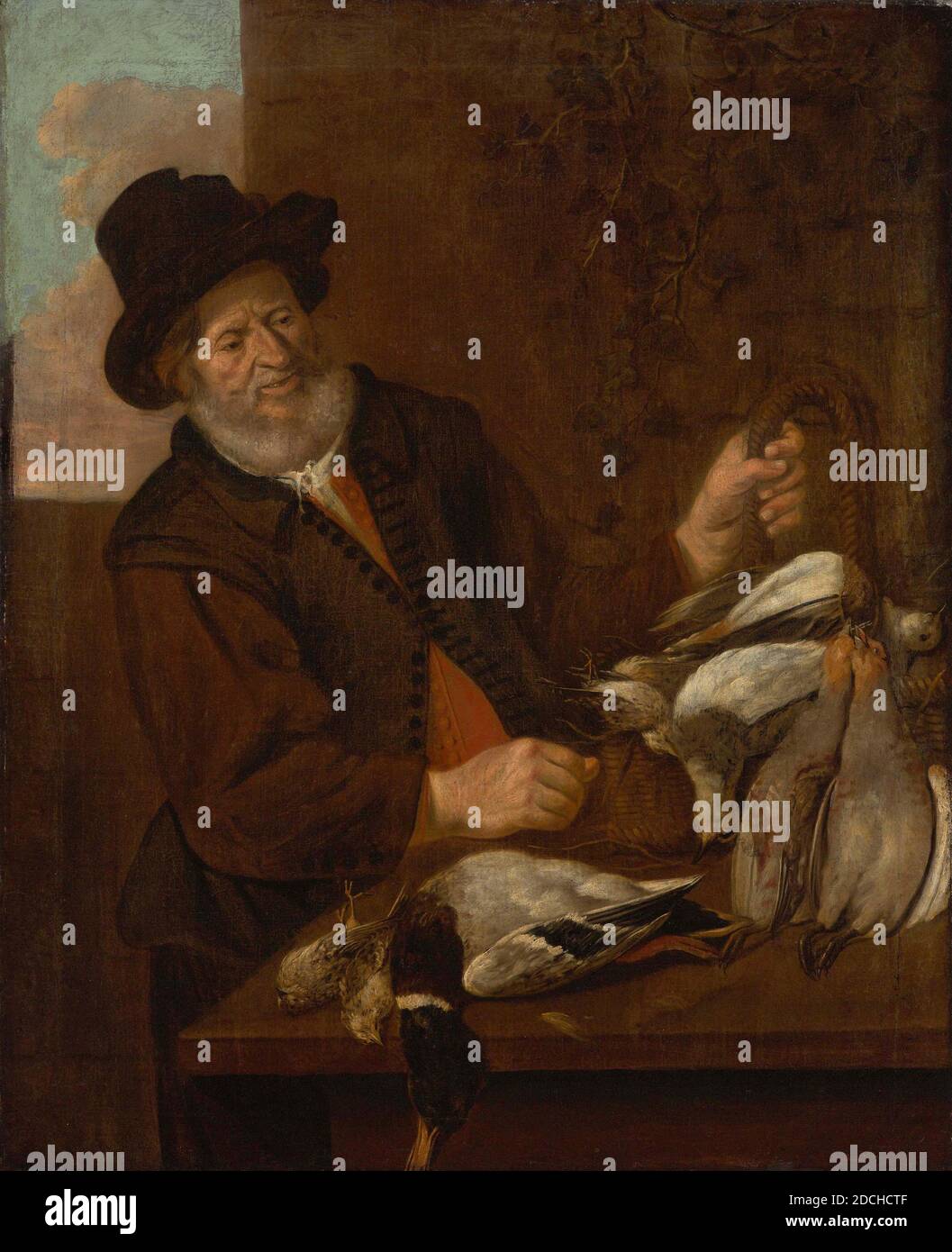 Pittura, Anonimo, ca. 1650, tela, pittura ad olio, verniciata, supporto: 135 × 158 × 3cm (1350 × 1580 × 30mm), con cornice: 154.5 × 180 × 6.5cm (1545 × - 1800 × 65mm), gatto, lepre, genere, uccello, pollame, genere raffigurante un pollame. L'uomo è mostrato sulla destra, in piedi dietro un tavolo su cui mette il braccio sinistro e guardando lo spettatore. Con la mano destra, tiene una lepre sulle gambe posteriori sopra il tavolo. Diversi uccelli pendono da una rastrelliera alla sua sinistra. Ci sono più uccelli morti sul tavolo. Sull'estrema sinistra si trova la testa di un gatto. Non firmato. Il dipinto è in una cornice di legno con una dorata Foto Stock