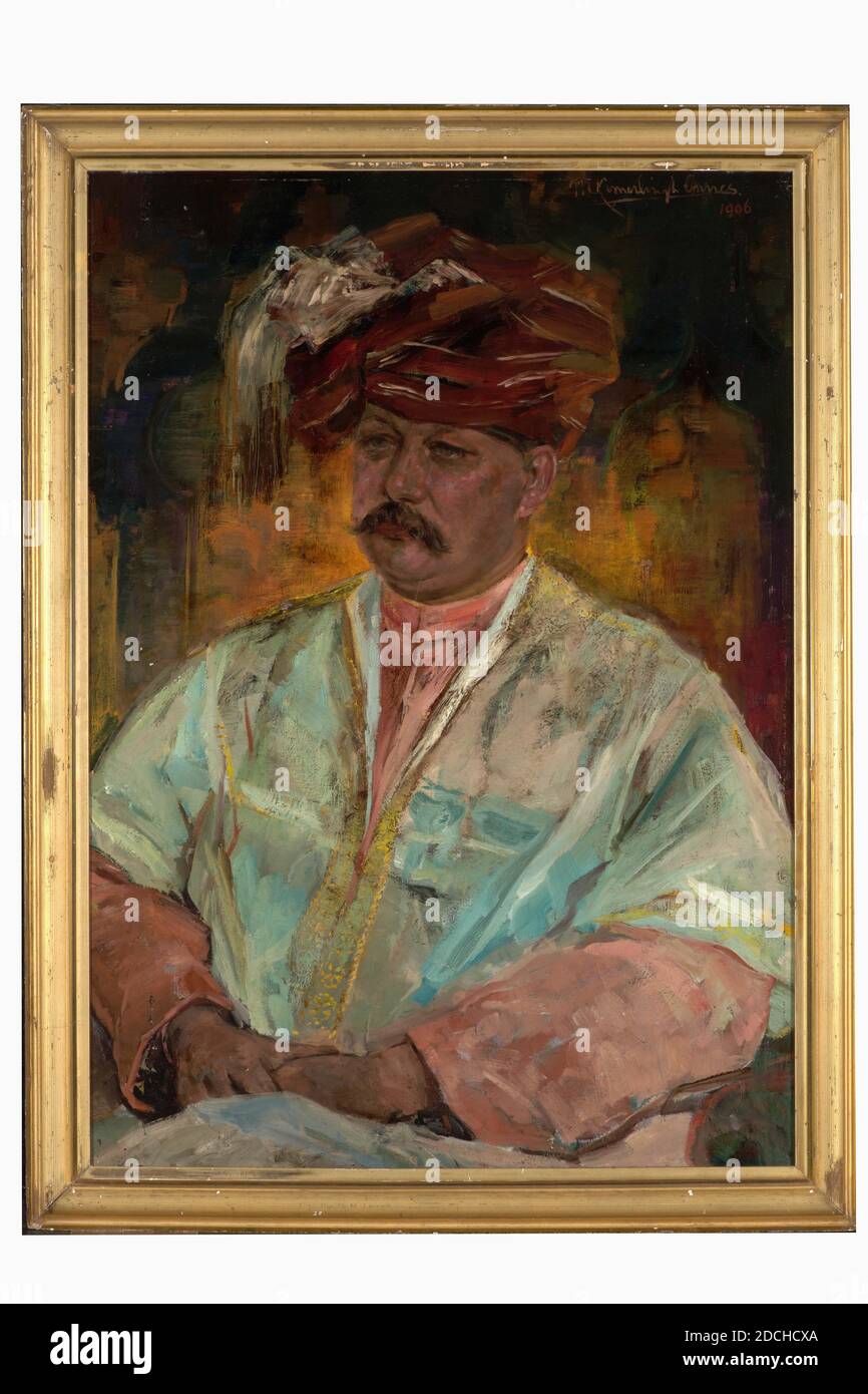 Pittura, Menso Kamerlingh Onnes, 1906, Signature front, in alto a destra: M. Kamerlingh Onnes. 1906, tela, dipinto ad olio, Carrier: 99.8 × 71.5 × 2cm (998 × 715 × 20mm), con cornice: 110 × 82 × 4cm (1100 × 820 × 40mm), ritratto dell'uomo, Ritratto di Adolf Johan Onnes, fratello del pittore. È raffigurato alle ginocchia, girato un po' a sinistra e guardando un po' a sinistra. È seduto in una poltrona con le mani piegate sul grembo e indossa un lungo bavaglio. È vestito in costume orientale: Sulla testa un turbante viola con frange bianche a sinistra e una camicia rosa con una Foto Stock