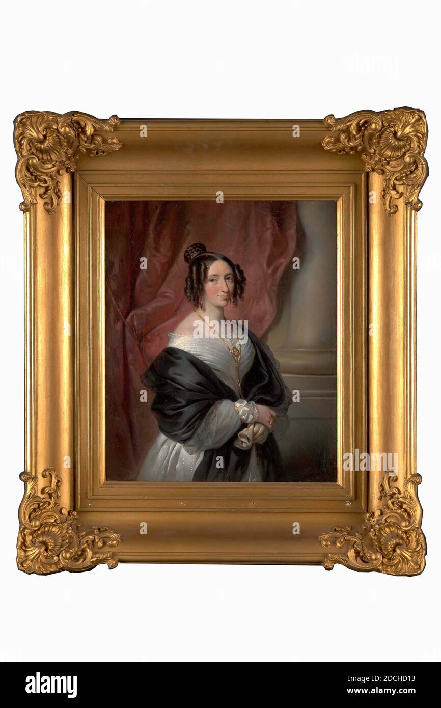 Pittura, Cornelis Kruseman, prima metà del XIX secolo, tela, dipinto ad olio, dipinto, Carrier: 35.5 × 29 × 1.5cm (355 × 290 × 15mm), con cornice: 52.7 × 47 × 10cm (527 × 470 × 100mm), ritratto di donna, interno, Ritratto di donna: Christina Catharina van Wesele Scholten. È raffigurata a metà lunghezza, girata un po' a destra e guardando lo spettatore. Indossa un abito di seta bianca e uno scialle nero pende senza gioco sul braccio. Indossa gioielli d'oro. La sua acconciatura è un alto bun con i ricci del tubo appesi alla sinistra e alla destra della sua faccia. È in piedi in un interno con un semi Foto Stock