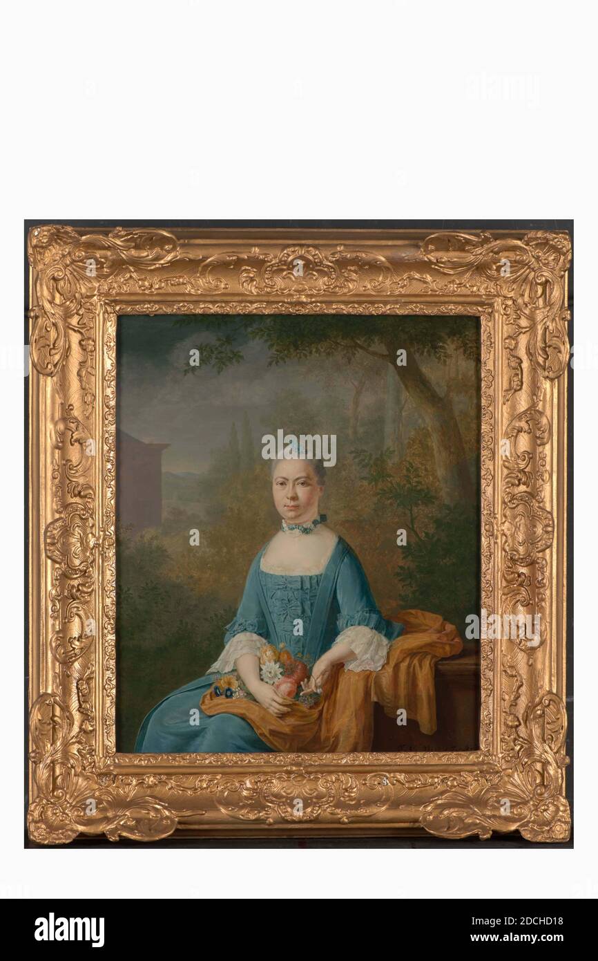 Pittura, Frans van Mieris (de Jonge), 1760, Signature anteriore, in basso a destra: F. V. Mieris FEC. Ao 1760, pannello, dipinto ad olio, Carrier: 40.5 × 33.8 × 0.8cm (405 × 338 × 8mm), con cornice: 54 × 48 × 7.5cm (540 × 480 × 75mm), paesaggio, ritratto della donna, Ritratto di una donna: Catharina Suzanna van Snakenburg. È raffigurata come una ginocchiera, girata a sinistra, seduta su un tavolo e guardando lo spettatore. È raffigurata per un paesaggio con un edificio classicista sulla sinistra e alcuni alberi sulla destra. La donna appoggia il gomito su un muro a destra. Ci sono fiori sul suo grembo. Lei indossa Foto Stock
