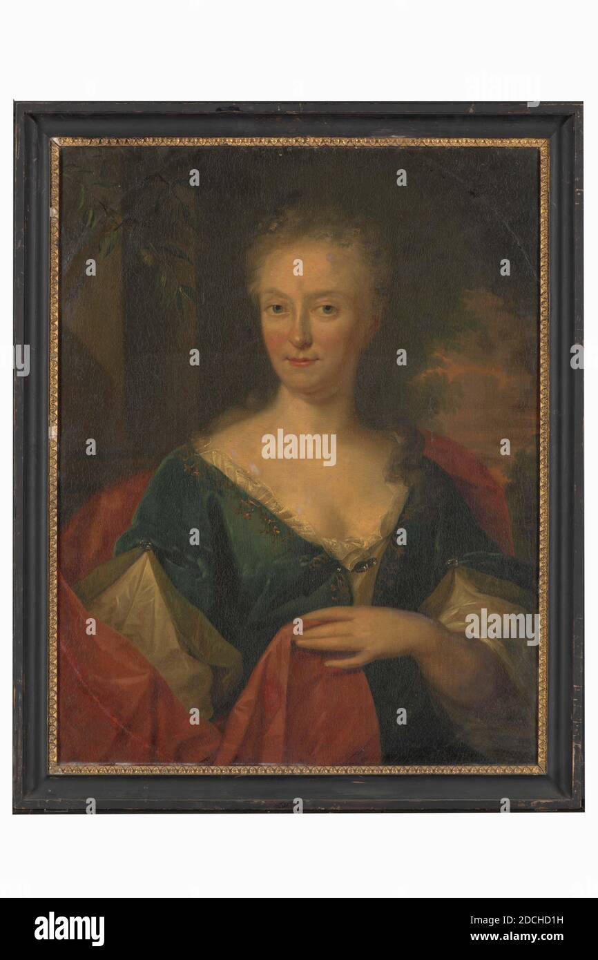 Pittura, Matthus Verheyden, c.. 1732, tela, dipinto ad olio, Carrier: 73.6 × 57 × 1.5cm (736 × 570 × 15mm), con cornice: 82 × 66.2 × 3 , 8cm (820 × 662 × 38mm), ritratto di donna, Ritratto di donna: Christina Elisabeth van Slingelandt. È raffigurata come una mezza figura, girata a destra, testa a sinistra e guardando lo spettatore. Indossa i capelli grigio updo ed è vestita in un abito basso blu con un indumento intimo bianco e un mantello rosso, quest'ultimo dei quali tiene in mano sinistra. Sulla sinistra si può vedere un pezzo di architettura e alcuni ramoscelli. Sulla destra è visualizzata una vista di Foto Stock
