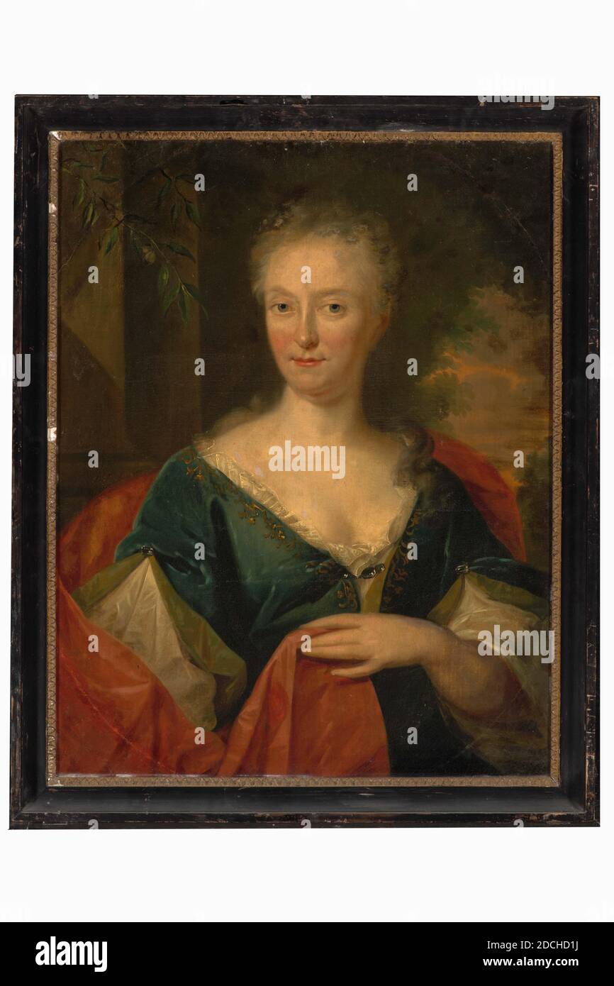 Pittura, Matthus Verheyden, c.. 1732, tela, dipinto ad olio, Carrier: 73.6 × 57 × 1.5cm (736 × 570 × 15mm), con cornice: 82 × 66.2 × 3 , 8cm (820 × 662 × 38mm), ritratto di donna, Ritratto di donna: Christina Elisabeth van Slingelandt. È raffigurata come una mezza figura, girata a destra, testa a sinistra e guardando lo spettatore. Indossa i capelli grigio updo ed è vestita in un abito basso blu con un indumento intimo bianco e un mantello rosso, quest'ultimo dei quali tiene in mano sinistra. Sulla sinistra si può vedere un pezzo di architettura e alcuni ramoscelli. Sulla destra è visualizzata una vista di Foto Stock