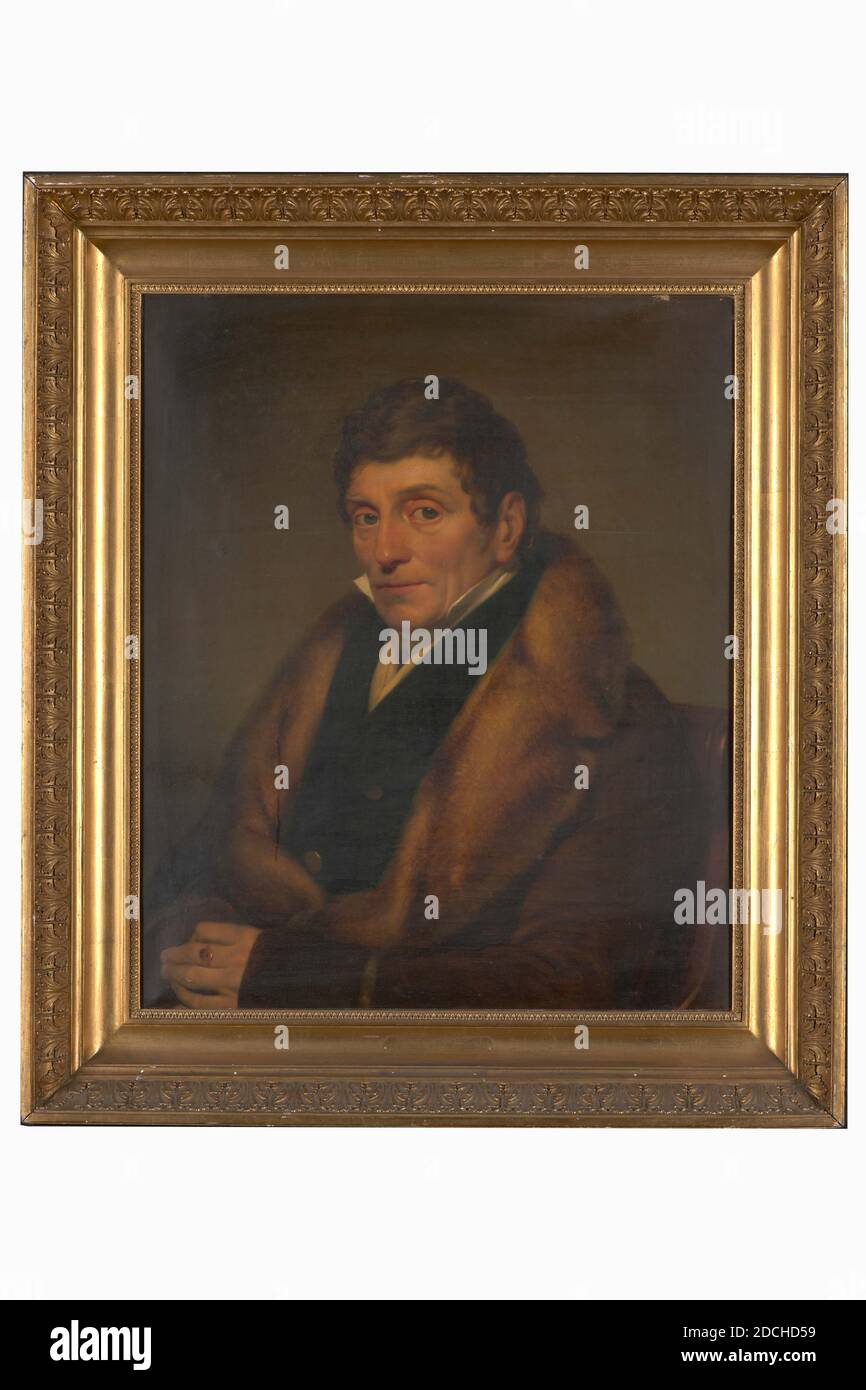 Pittura, Cornelis Kruseman, 1826, Signature anteriore, in basso a sinistra, al livello della spalla: C. Kruseman ft. 1826, tela, dipinto ad olio, Carrier: 74.2 × 61.5 × 2.5cm (742 × 615 × 25mm), con cornice: 95 × 82.5 × 10cm (950 × 825 - 100mm), ritratto dell'uomo, Ritratto di un uomo: Dr. Henricus Cuypers. È raffigurato come una mezza figura, girato un po' a sinistra e guardando lo spettatore. È seduto in una poltrona, con la mano sinistra visibile davanti a lui. Ha capelli ricci corti e indossa una gonna blu con bottoni di rame, un colletto bianco appuntito e un cappotto marrone con un colletto di pelliccia. Firmato Foto Stock