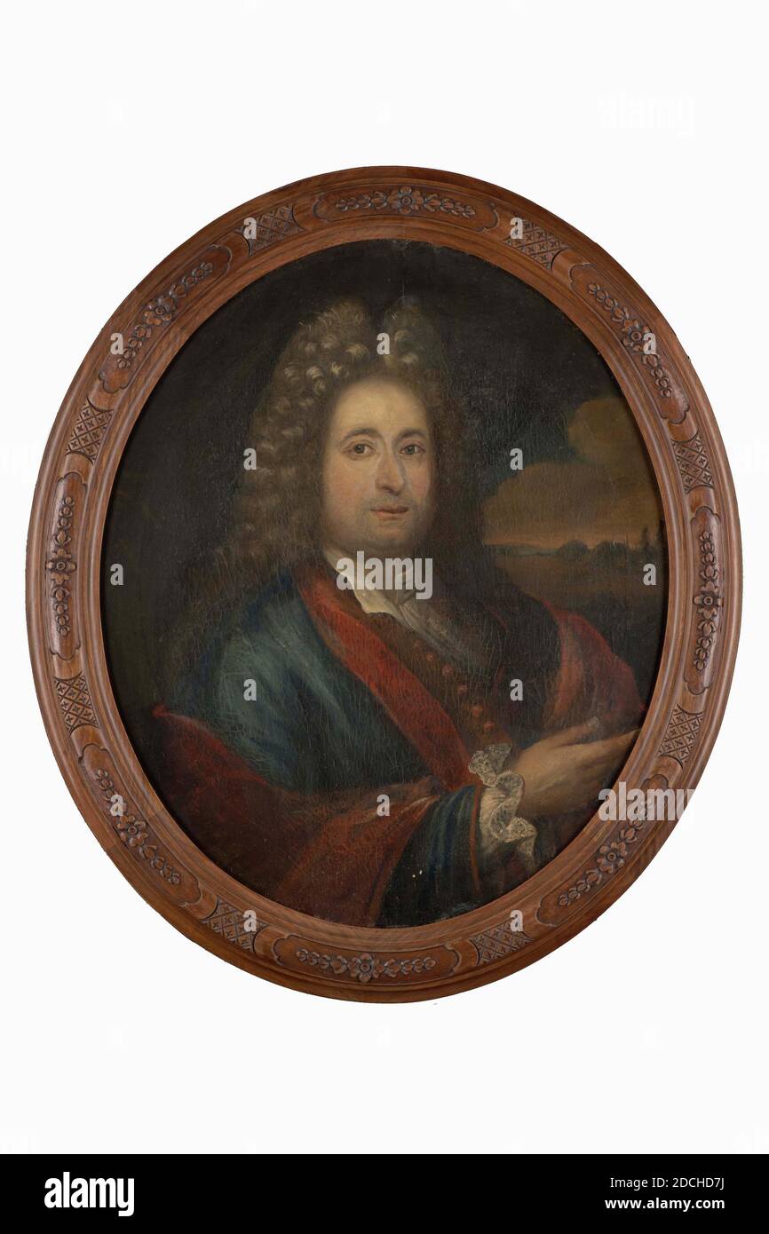 Miniatura (pittura), Anonimo, c.. 1725, avorio, legno, bodycolor, con cornice: 12 x 9.3 x 1.5cm (120 x 93 x 15mm), ritratto dell'uomo, miniatura ovale con ritratto dell'uomo di un Signore sconosciuto, dipinto su avorio. È raffigurato come un busto, rivolto a sinistra e guardando lo spettatore. Indossa una lunga parrucca riccia (parrucca di allolo) e un abito giallo-bruno con un abito blu e una cravatta bianca. Non firmato. La miniatura è in una cornice rettangolare in legno dorato. Nella parte superiore è presente un anello di sospensione, 1923 Foto Stock