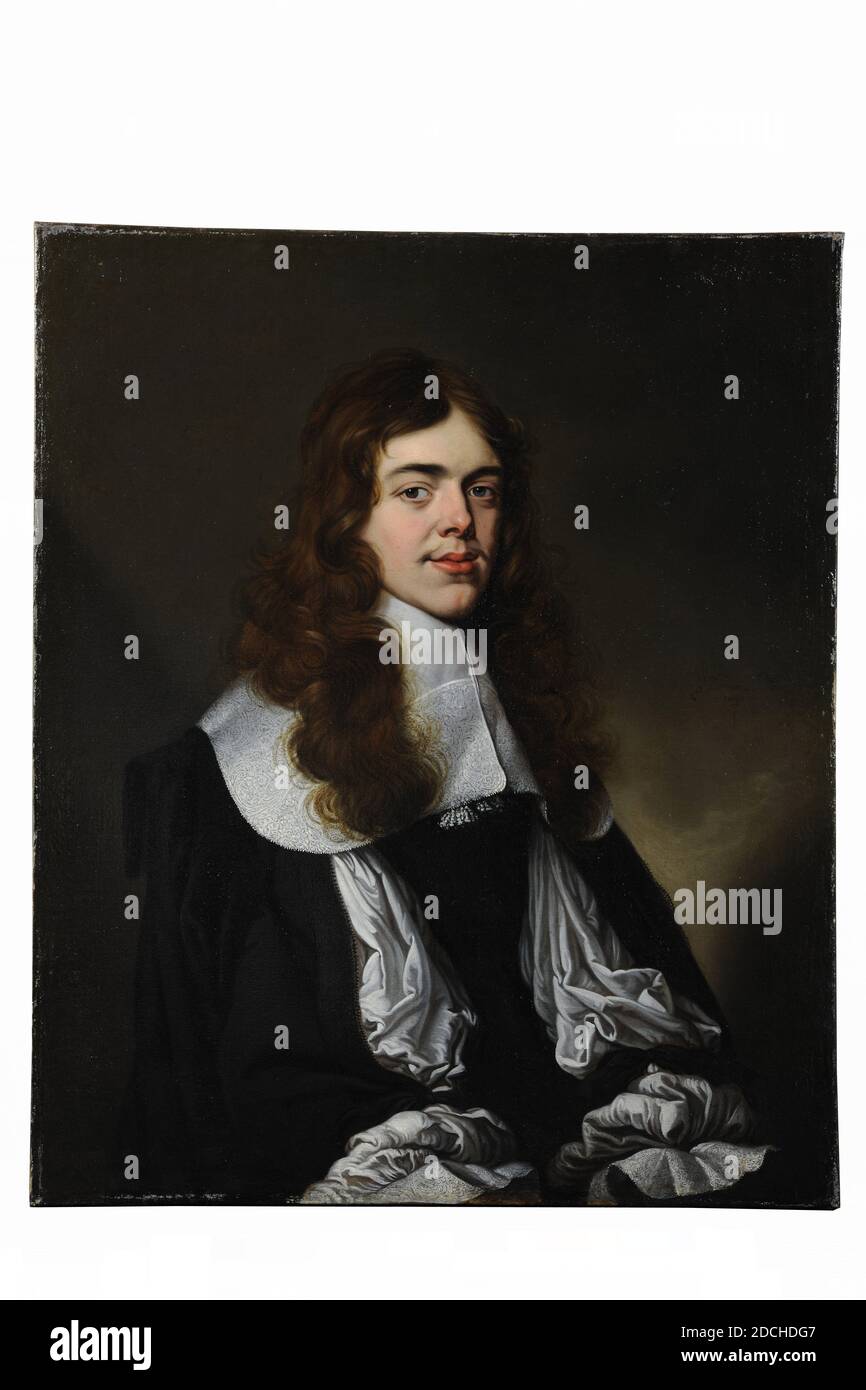 Painting, Jacob Fransz. Van der Merck, 1661, Signature davanti, proprio accanto alla spalla: J.v. Merck 1661, tela, dipinto ad olio, Carrier: 85.5 x 70.4 x 2,5 cm (855 x 704 x 25 mm), con cornice: 93.7 x 79 x 4,5 cm (937 x 790 x 45 mm), ritratto dell'uomo, pittura raffigurante il ritratto di un uomo: Joannes Abrahamsz. Heydanus. È raffigurato come una mezza figura, girata un po' a destra, guardando lo spettatore. Indossa lunghi capelli castani ondulati che pendono sulle spalle, un baffi sottile. È vestito con un ampio colletto piatto in pizzo con due nappine e un abito nero, compresa una capiente camicia a pieghe Foto Stock