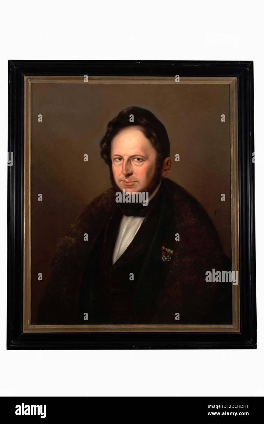 Pittura, Cornelis Hendrik van Amerom (attribuito a), 1858, Signature anteriore, sinistra, altezza spalla: 1858, anteriore, destra, altezza spalla: Va [insieme], tela, vernice ad olio, verniciata, Carrier: 74 × 61.5 × 2.5cm (740 × 615 × 25mm), con cornice: 85 × 73 × 4.5cm (850 × 730 × 45mm), ritratto dell'uomo, sindaco, Ritratto di un uomo: Albert otto Ernst Conte di Limburgo Stirum. È raffigurato come un busto, girato un po 'a sinistra e guardando lo spettatore. Ha capelli scuri e una barba. Indossa un abito scuro, un colletto in pelliccia e una cravatta nera. Sul lapello sinistro è un segno distintivo come comandante del Foto Stock