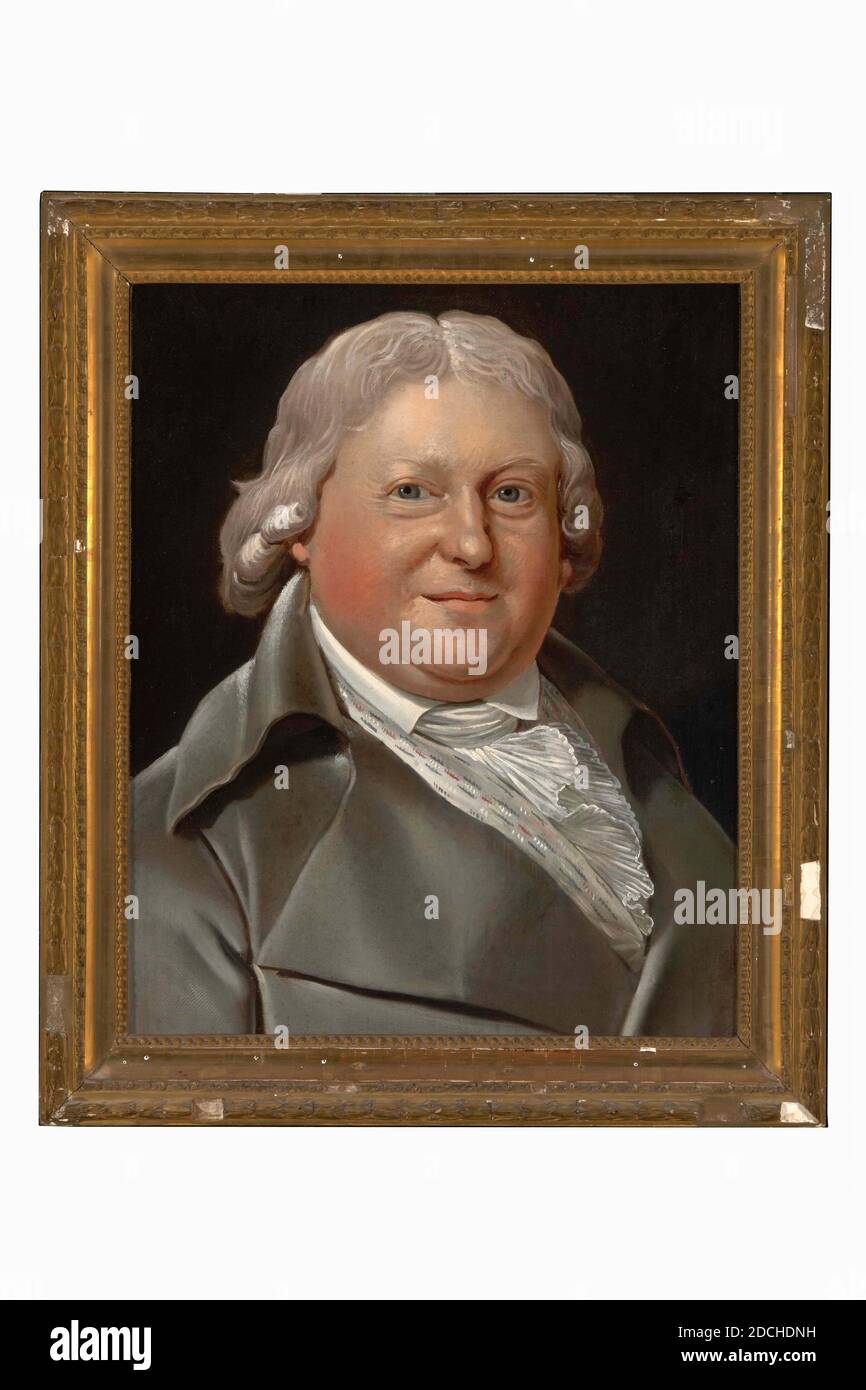 Pittura, Anonimo, c.. 1800, tela, dipinto ad olio, Carrier: 42 × 33.7 × 2cm (420 × 337 × 20mm), con cornice: 50 × 42 × 4cm (500 × 420) - 40mm), ritratto dell'uomo, Ritratto di un uomo: Paulus du Rieu. È raffigurato come un busto, girato leggermente a destra e guardando lo spettatore. Ha capelli di media lunghezza ricci grigi. Indossa una gonna grigia con una cravatta in pizzo. Non firmato. Il dipinto è in una cornice di legno dorato, 1893 Foto Stock