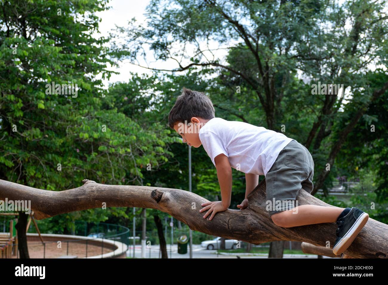 Bambino di 6 anni che cavalca uno scooter e salta un tronco nella bella piazza Horácio Sabino. Foto Stock