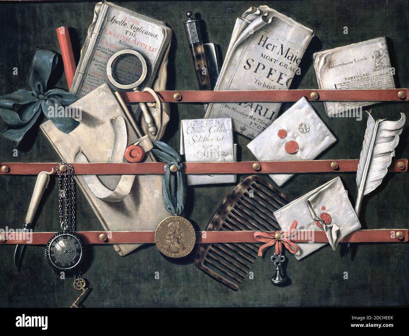 Pittura, Edwaert Collier, c.. 1703, Signature front, su lettera al centro: Edward Collier / Pittore a Leyden, tela, dipinto ad olio, Generale (dimensioni secondo catalogo 1983): 50 × 65.5cm (500 × 655mm), con cornice: 61.5 × 77.5 × 4cm (615 × 775 × 40mm), still life, trompe-l'oeil, Trompe-l'oeil o trickster con oggetti disposti su una bacheca o una bacheca . La riga superiore mostra: Un arco, un quire dalla rivista Apollo Anglicanus dell'anno 1702, una lente d'ingrandimento, un coltello (rasoio), una carta piegata con suo Maje [Stie's] Most Grac [ious] Spec [h] ad entrambi [Houses of] Parlia [Mment Foto Stock