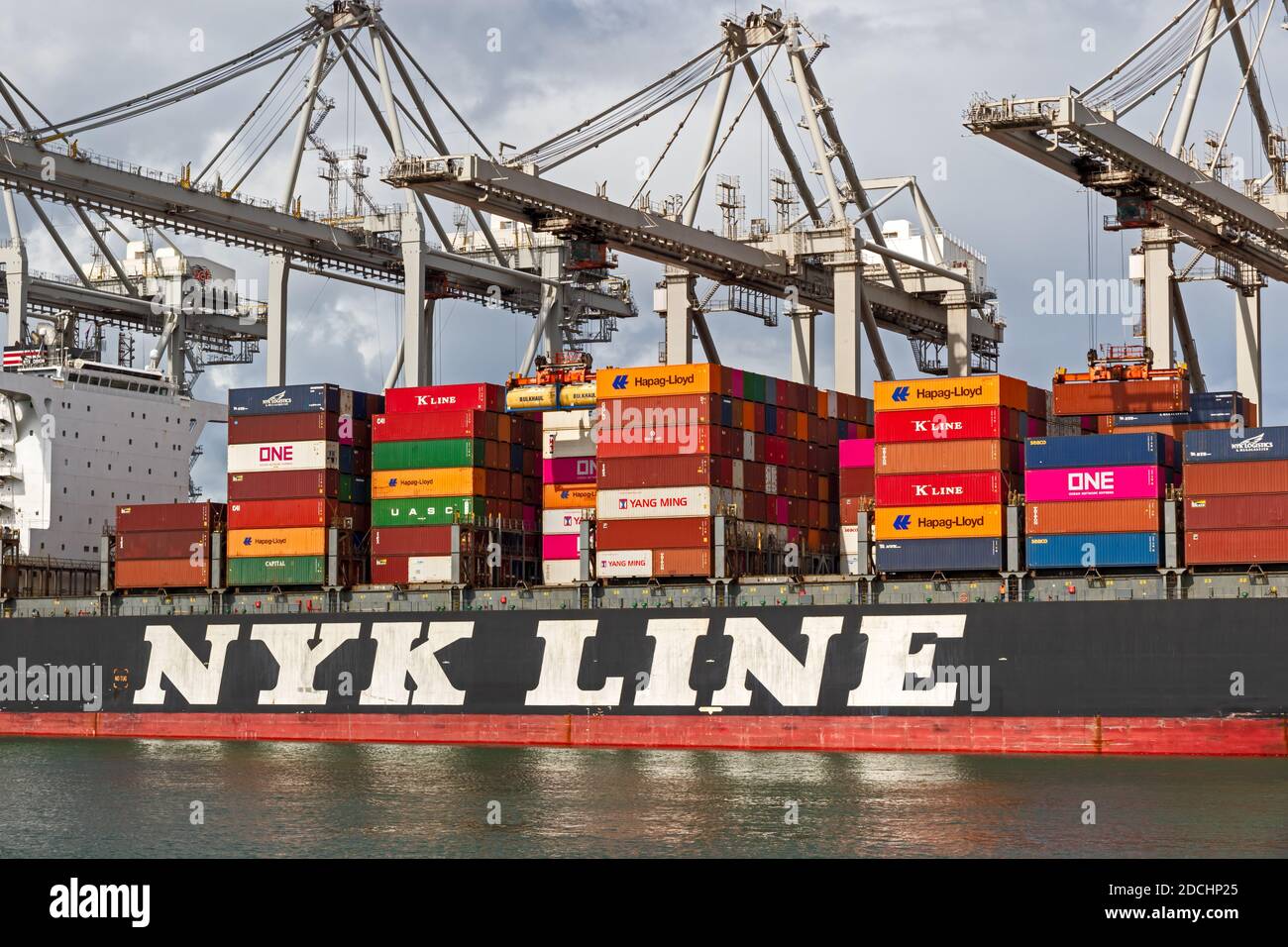 La nave containers Nyk Line viene caricata da gru nel porto di Rotterdam. Paesi Bassi - 8 settembre 2019 Foto Stock