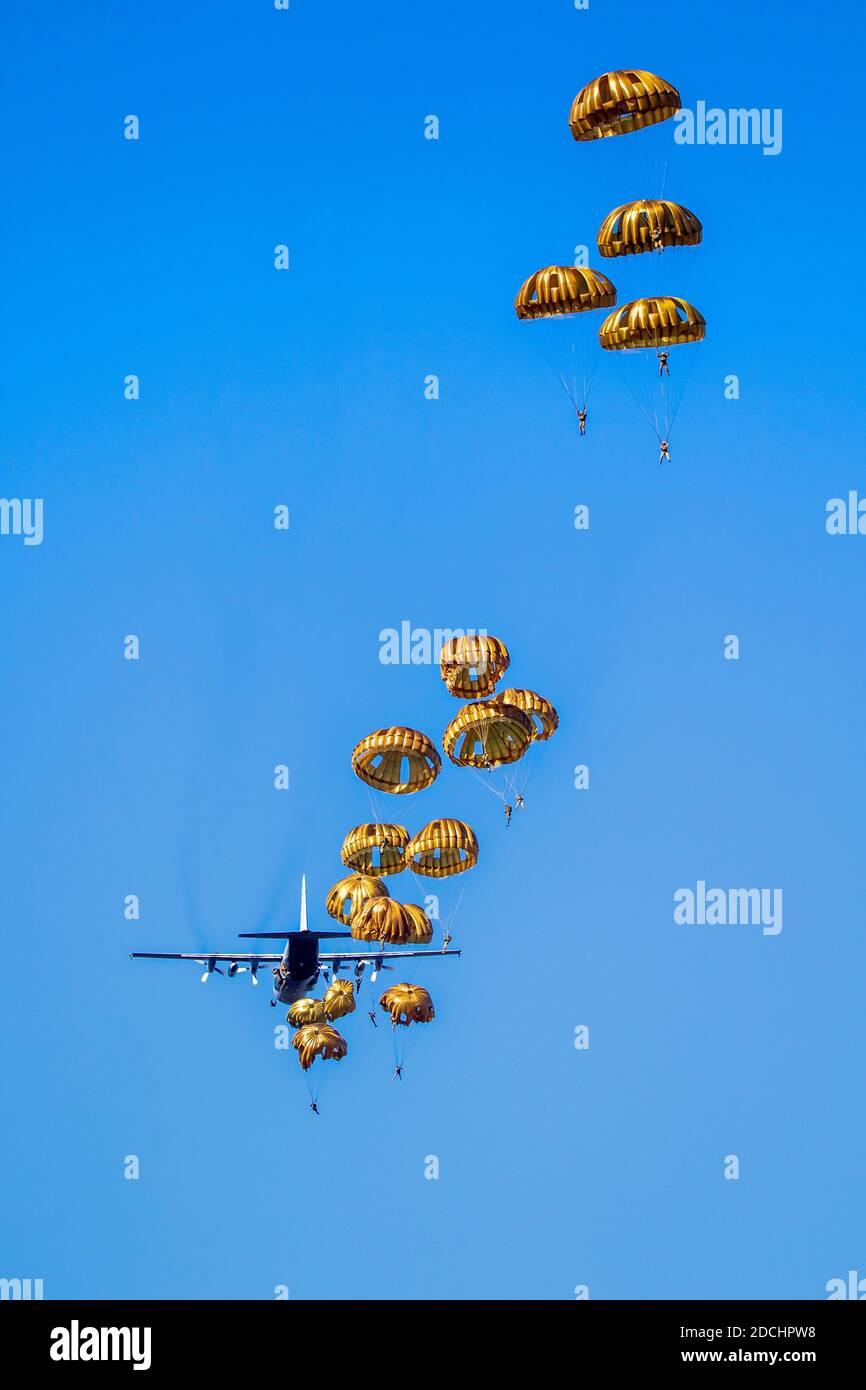 Paracadutisti militari paracadutisti paracadutisti che saltano fuori da un aereo di forze aeree in una giornata di cielo blu chiaro. Foto Stock