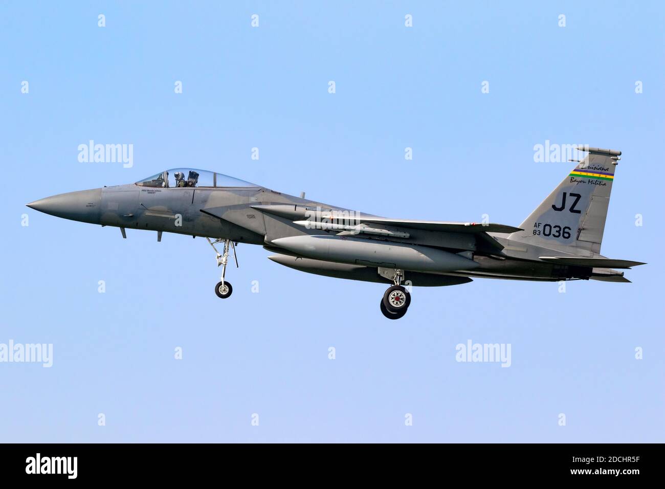 L'aereo da combattimento Eagle F-15C della Louisiana Air Force US arriva alla base aerea di Leeuwarden. Paesi Bassi - 28 marzo 2017 Foto Stock