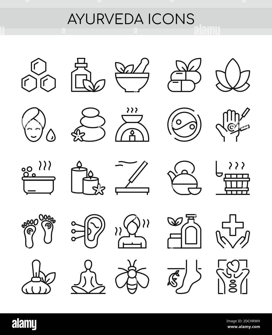 Set di icone Ayurveda a linea sottile. Illustrazione vettoriale del pittogramma, aromaterapia, raccolta ayurvedica con simboli di medicina alternativa sana, Illustrazione Vettoriale