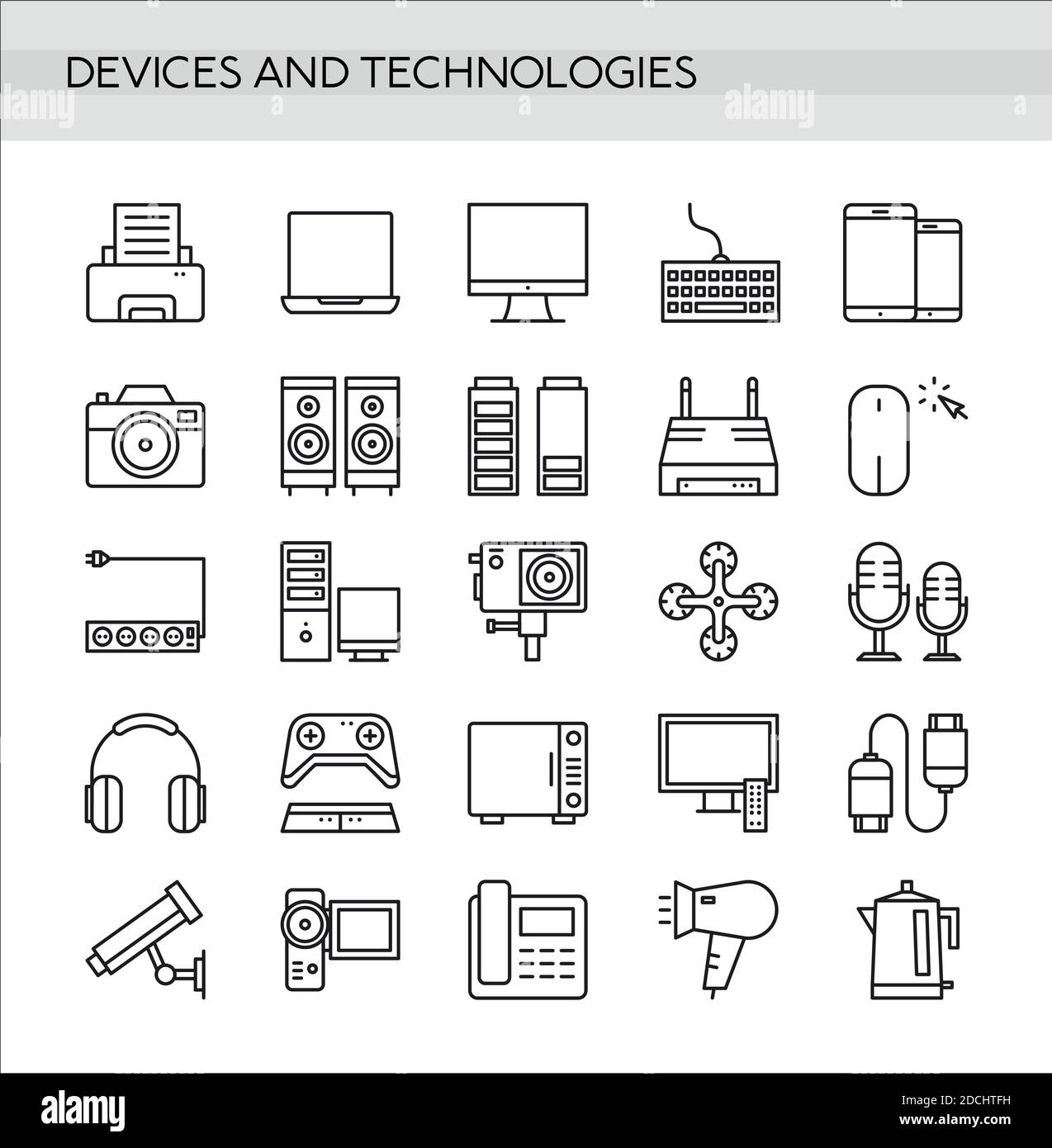 Icone dei dispositivi impostate in stile sottile isolato su sfondo bianco. Moderna collezione di icone di tecnologia digitale. Illustrazione Vettoriale