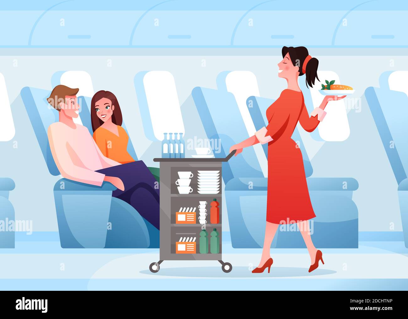 Servizio di ospitalità in aereo, cartoon stewardess lavoro, servendo passeggeri coppie persone Illustrazione Vettoriale