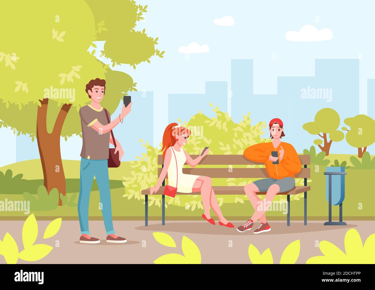 Parco cittadino estivo con persone, cartoni animati giovani amici seduti su panchina nel parco cittadino con smartphone Illustrazione Vettoriale