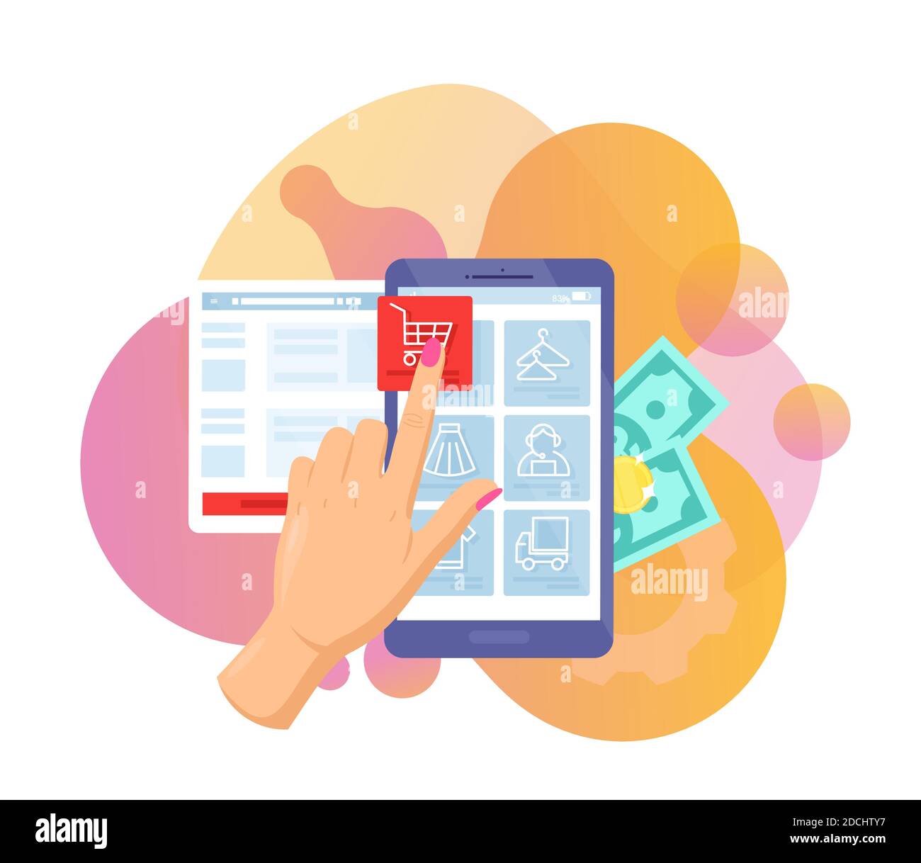 Acquista in negozio online, cartoon donna mano tocca pulsante con carrello sulla schermata smartphone Illustrazione Vettoriale