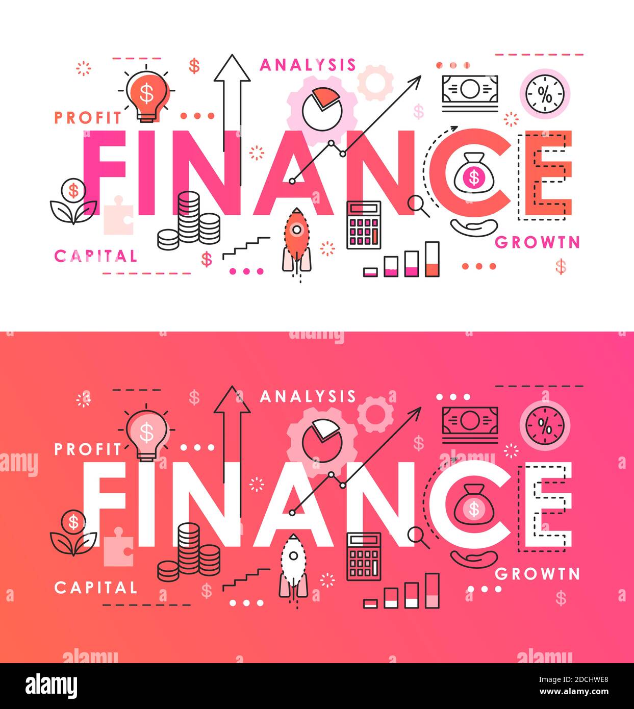 Illustrazione vettoriale sottile astratta della parola di finanza, banner di pagina di infografica piatta con simboli di analisi finanziaria per azienda di affari Illustrazione Vettoriale