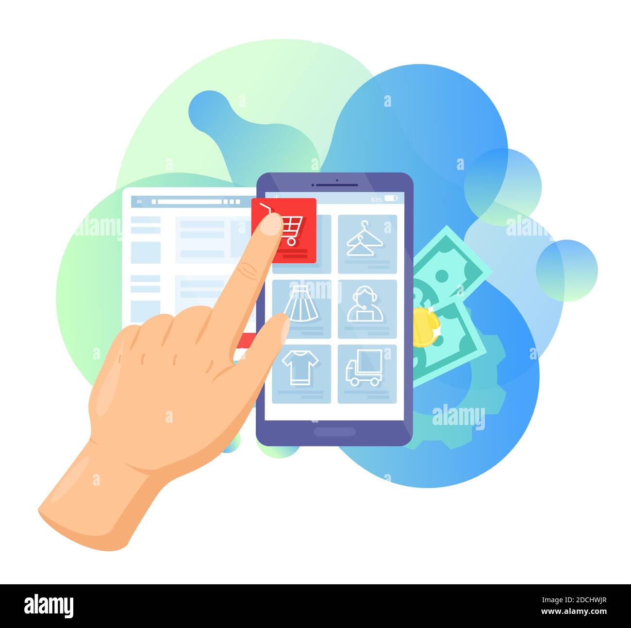 Shopping online servizio, cartone animato uomo mano con smartphone, acquisto in negozio virtuale online Illustrazione Vettoriale