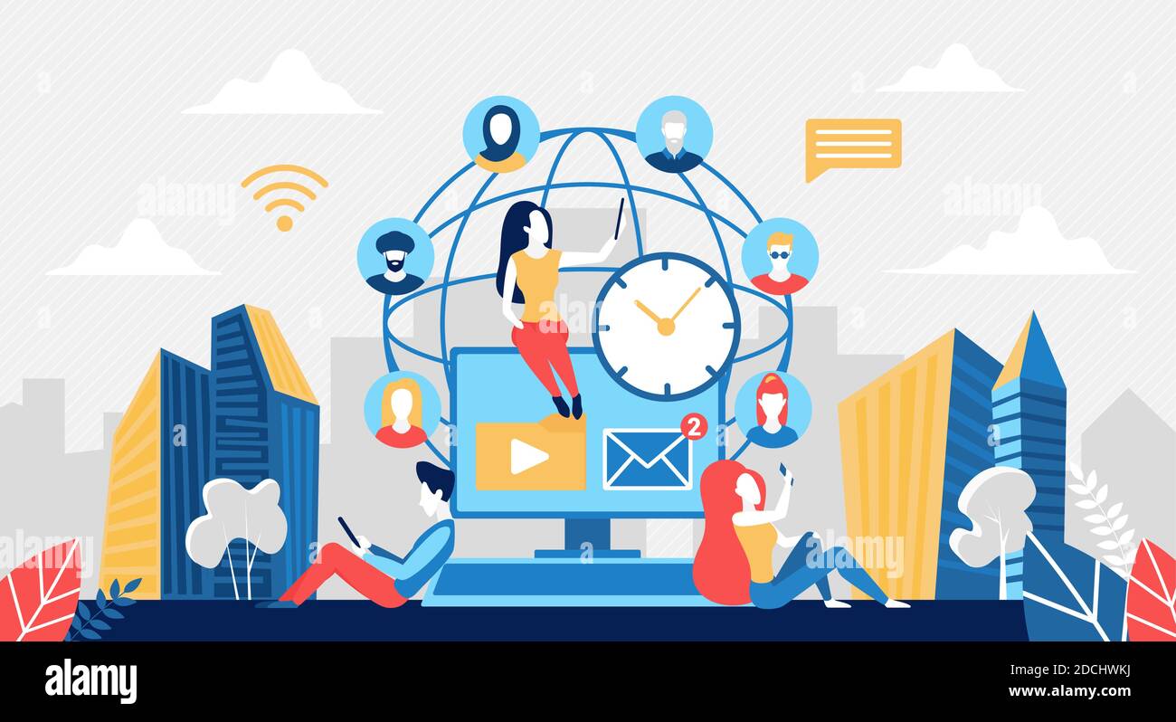 Illustrazione vettoriale del concetto di rete dei social media in tutto il mondo. Cartoon persone in rete e riunione on-line, lavorando o comunicando con gli amici. Comunicazione globale, connessione in tutto il mondo background Illustrazione Vettoriale