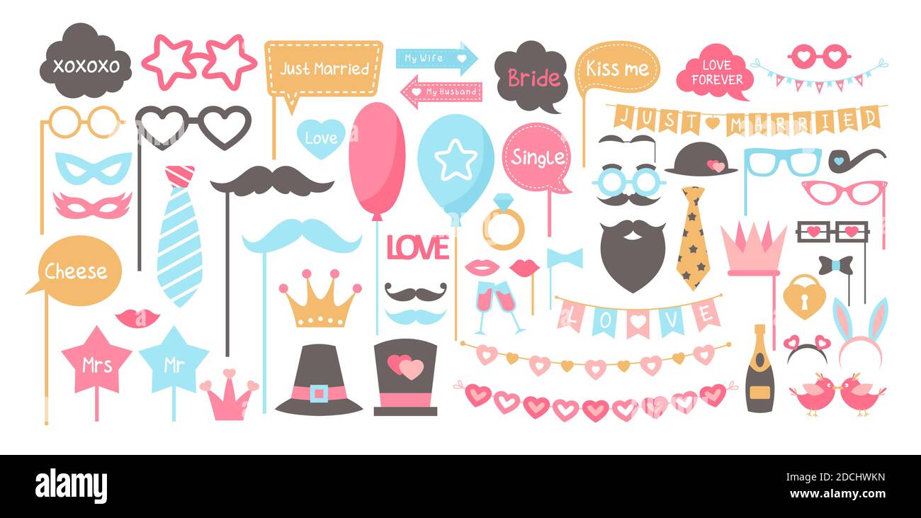 Accessori per matrimoni, cabina fotografica, set di elementi per feste Illustrazione Vettoriale