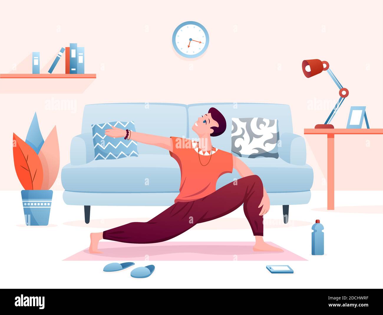 Home yoga pratica piatta illustrazione vettoriale, cartone animato uomo felice carattere praticare yogi asana esercizi in casa soggiorno interno sfondo Illustrazione Vettoriale