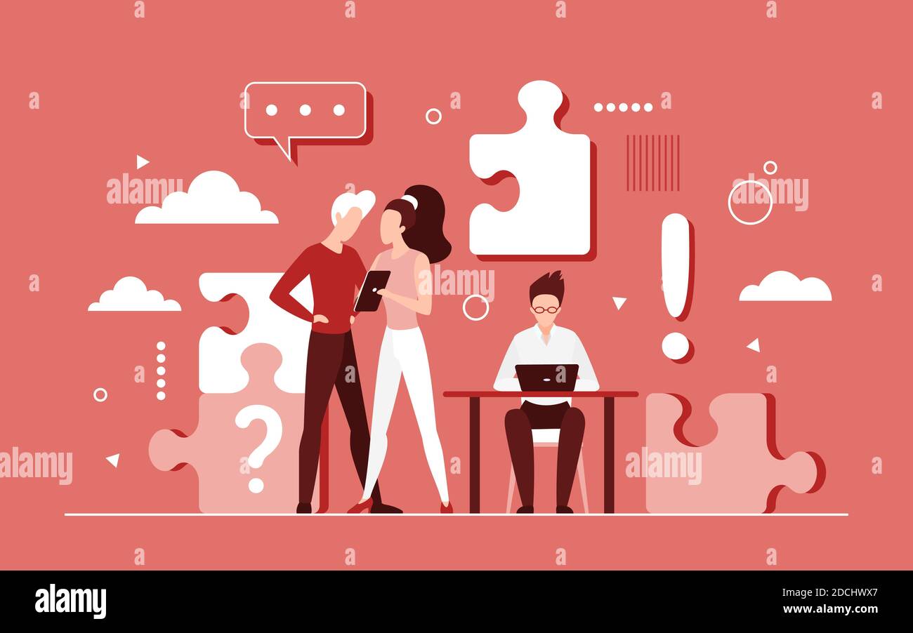 Il lavoro di squadra della gente di affari sull'illustrazione del vettore di idea di successo. Personaggi di Cartoon businessman e businesswoman in piedi insieme, risolvendo il problema di business di successo attività su sfondo astratto puzzle Illustrazione Vettoriale