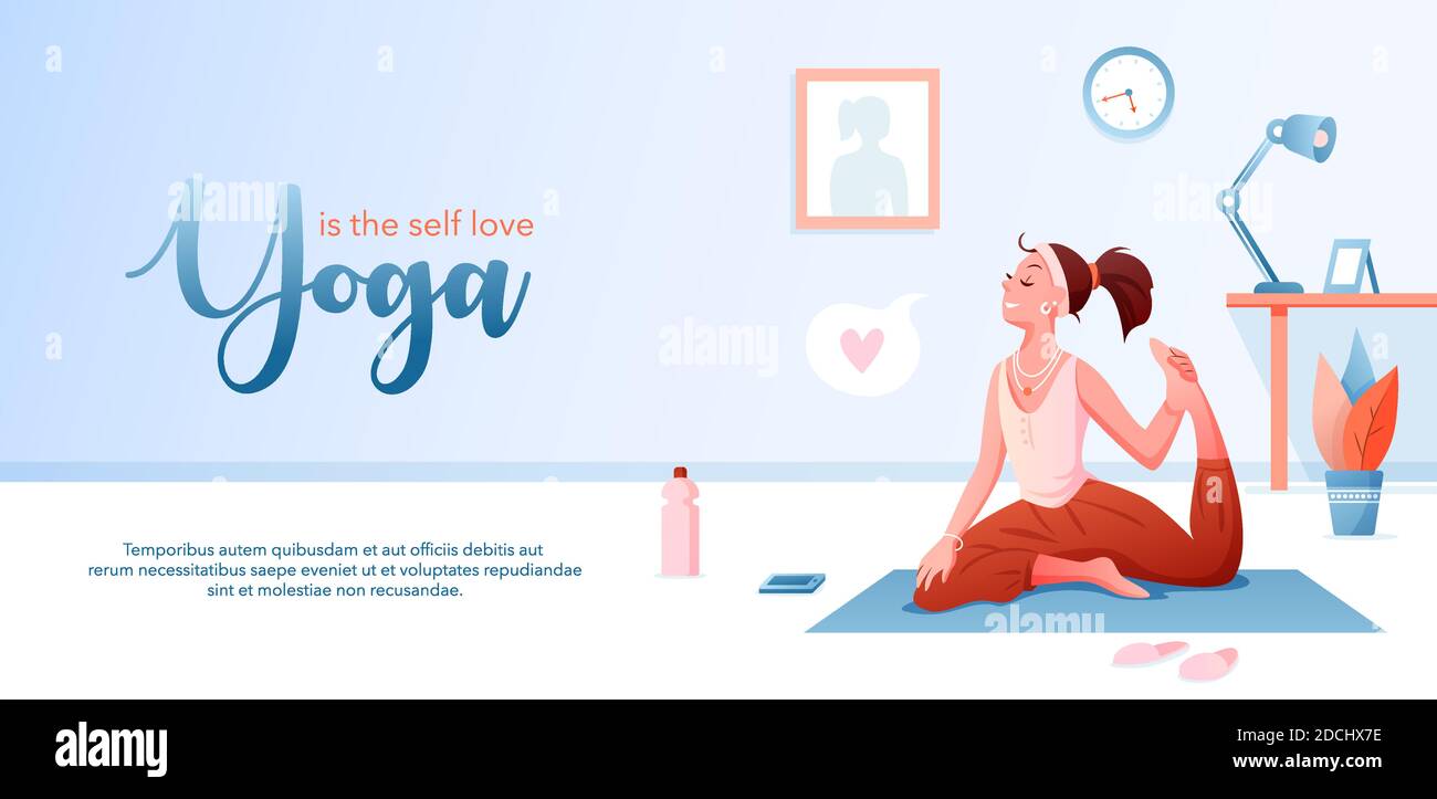 Yoga è auto amore concetto piatto vettore illustrazione, landing page disegno modello con cartone animato felice ragazza carattere facendo yoga sano asana pone Illustrazione Vettoriale