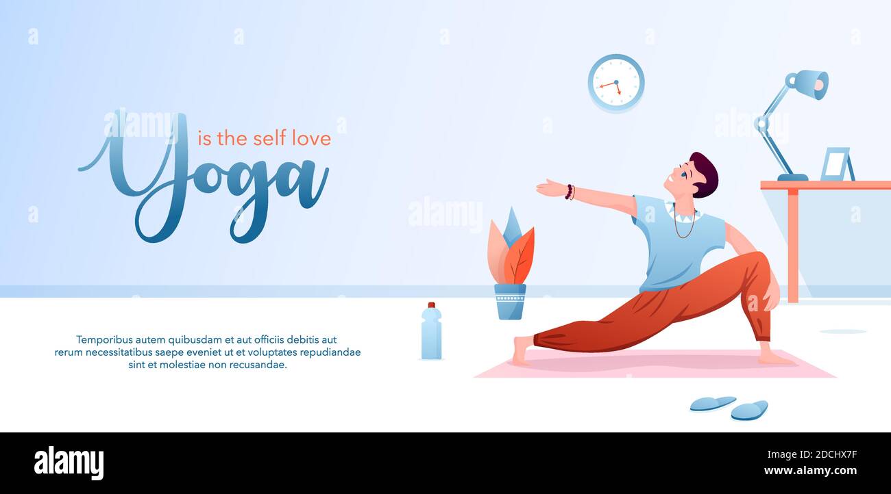 Yoga è auto amore concetto piatto vettore illustrazione, landing page disegno modello con cartone animato uomo felice carattere facendo yogi asana per il corpo stretching Illustrazione Vettoriale