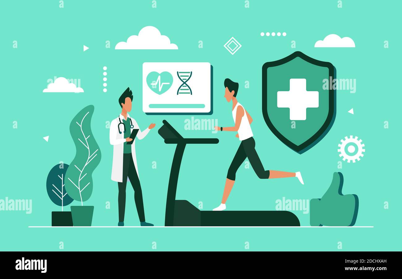Illustrazione vettoriale dell'app sport fitness. Cartoon medico e uomo corridore personaggi utilizzando moderna tecnologia fitness tracker per ottenere informazioni sulla salute dopo lo sport di esercizio in esecuzione con tapis roulant sfondo Illustrazione Vettoriale
