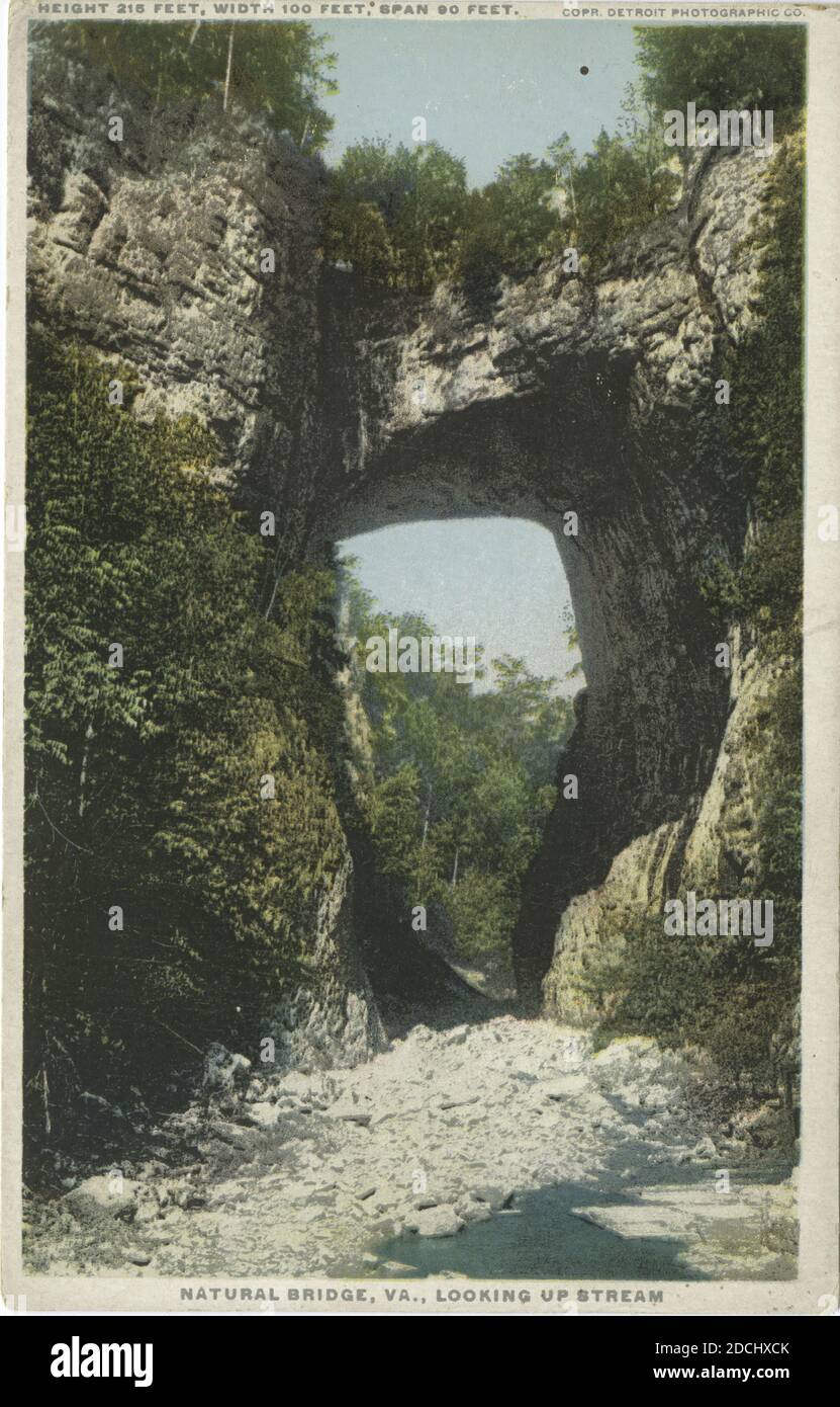 Natural Bridge, VA., Looking Up Stream, altezza 215 piedi, larghezza 100 piedi, distanza 90 piedi, immagine statica, Cartoline, 1898 - 1931 Foto Stock