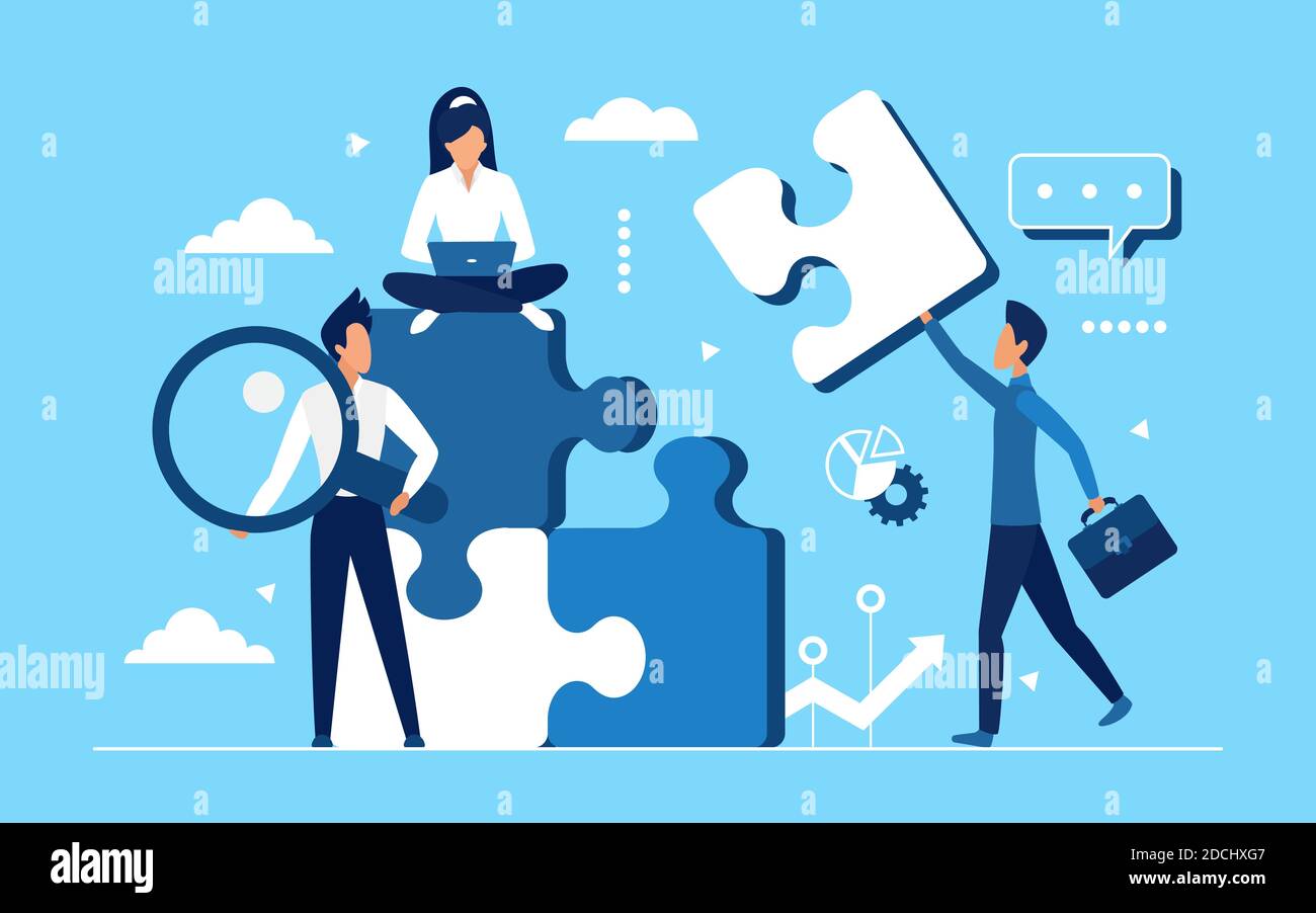 Illustrazione vettoriale del concetto di lavoro di squadra aziendale. Cartoon lavoro uomo d'affari e donna d'affari, gli impiegati raccolgono puzzle puzzle insieme, costruire strategia di partnership e integrazione sfondo piano Illustrazione Vettoriale