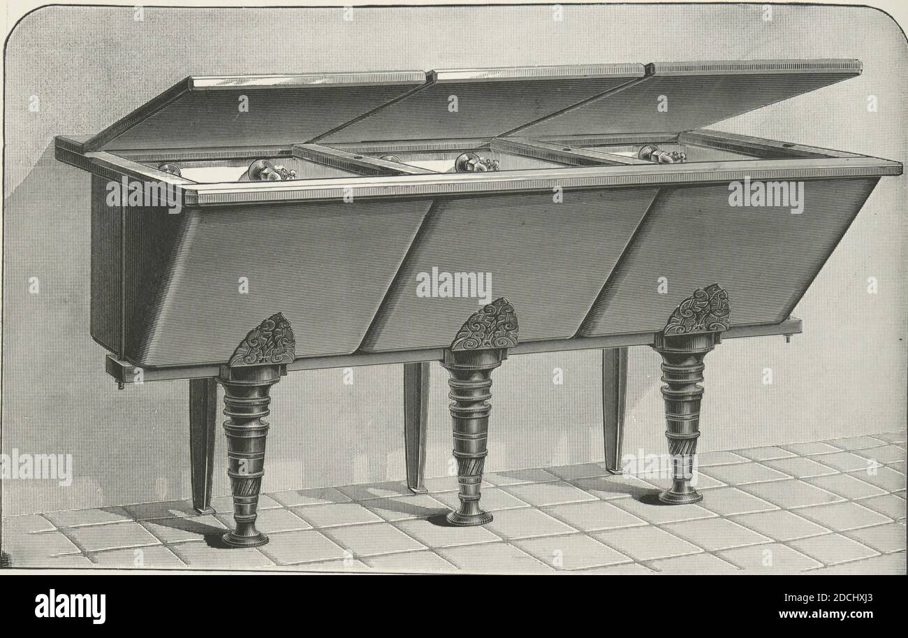 Vasche di lavaggio in porcellana imperiale allestite con coperchi e rubinetti all'interno. Piastra 180-D., testo, 1884 Foto Stock