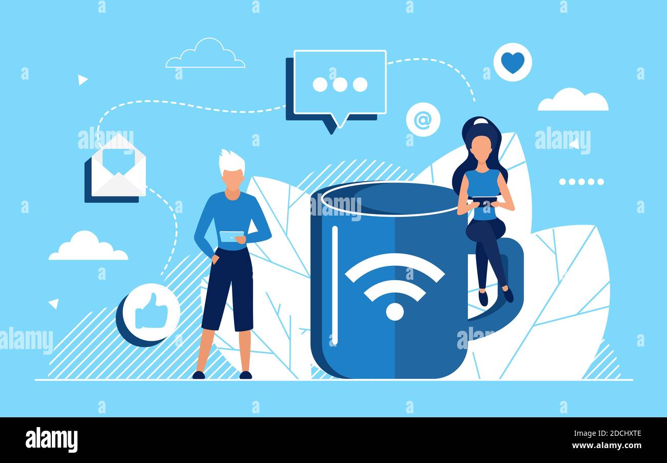 Illustrazione vettoriale del concetto di social network. Cartoon uomo donna internet utenti personaggi chattando, networking, utilizzando dispositivi mobili per la comunicazione di chat online vicino caffè pausa tazza sfondo Illustrazione Vettoriale