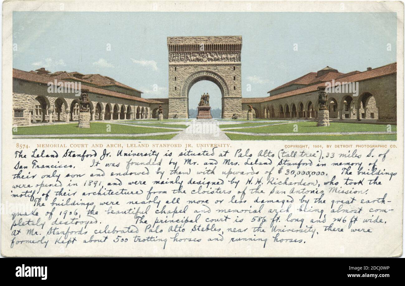 Memorial Court and Arch, Leland Stanford Univ., Palo Alto, California, Still Image, Cartoline, 1898 - 1931 Foto Stock