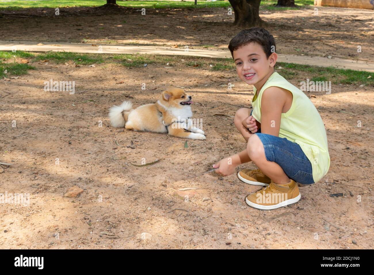 Bambino di 6 anni nel pomeriggio in piazza Honório Sabino, con cani e popcorn. Foto Stock