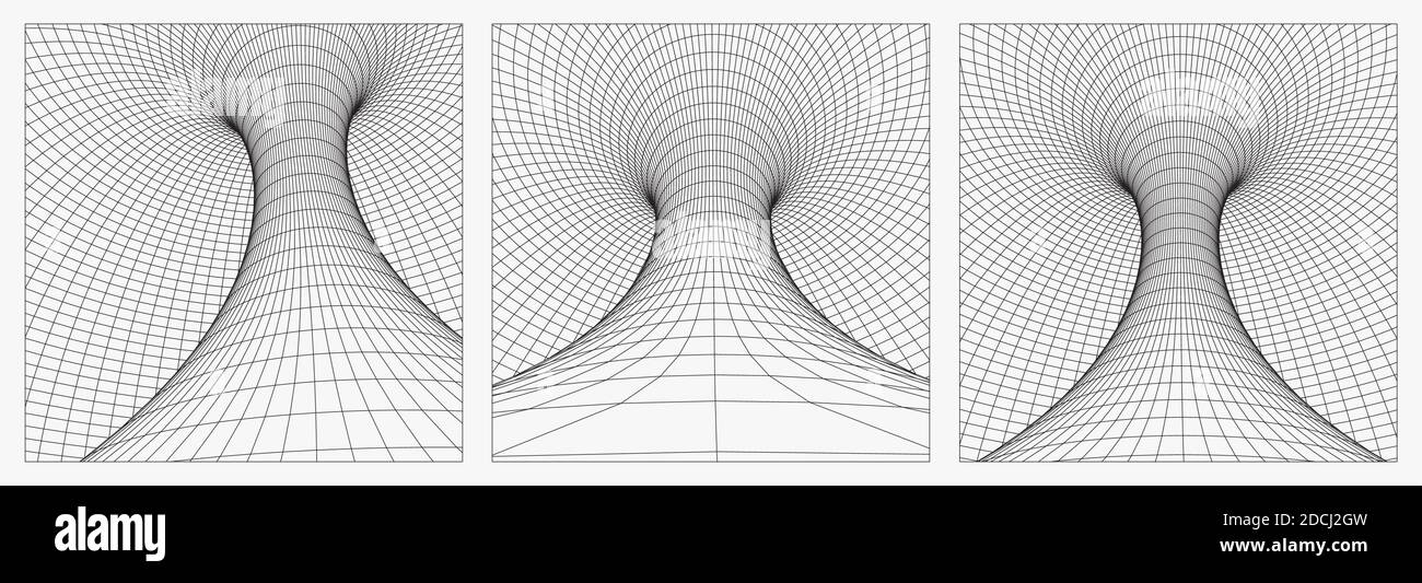 Tunnel wireframe a griglia. quantum gravitazionale 3d, illustrazione del wormhole vettoriale. Illustrazione 3d del concetto astratto di vortice del buco nero di singolarità. EPS Illustrazione Vettoriale