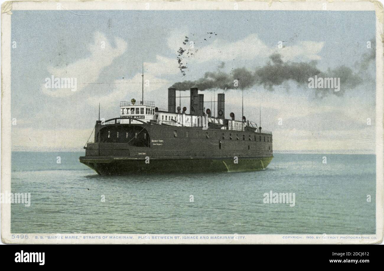 S.S. Sainte Marie, stretto di Machinaw, strati tra Sant'Ignace e la città di Mackinaw, immagine fissa, Cartoline, 1898 - 1931 Foto Stock