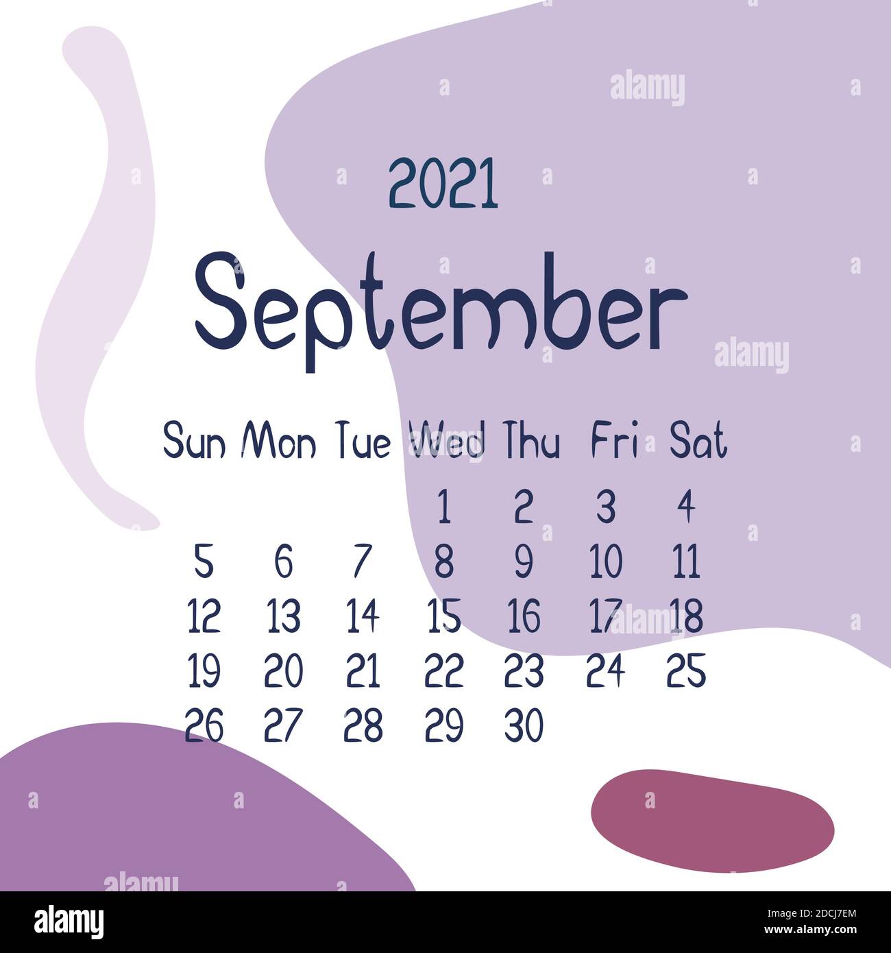 calendario del 2021 settembre con forme astratte sullo sfondo. Calendario moderno colorato con colori di tendenza, pianificatore mensile. Immagine piatta vettoriale. Illustrazione Vettoriale