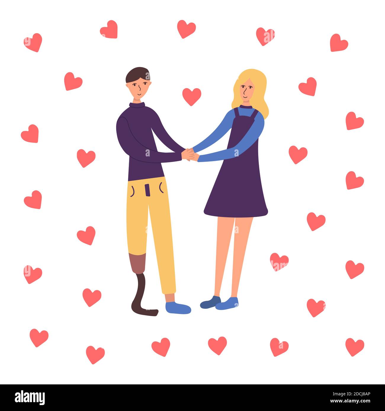 Ragazzo con una gamba protesica sta tenendo le mani con la sua ragazza e sorridendo. Molti cuori rossi. San Valentino. Coppia innamorata. Festa il 14 febbraio. S Illustrazione Vettoriale