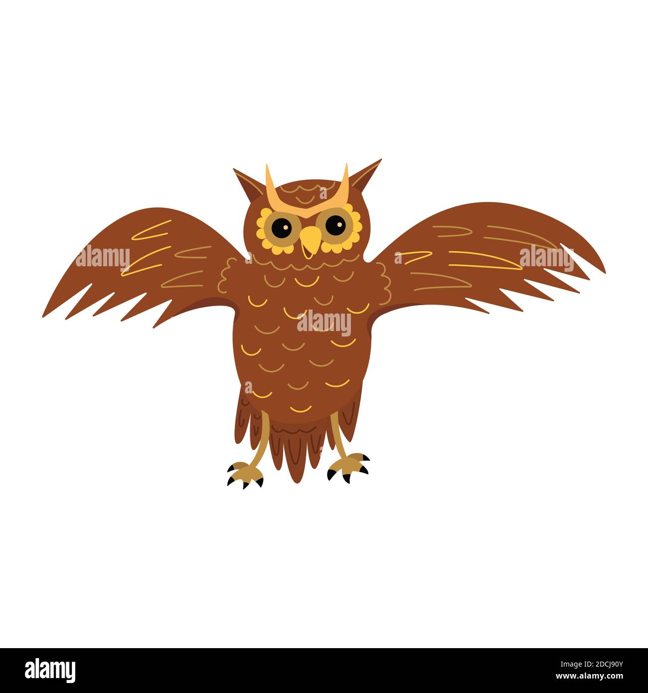 Gufo carino diffonde le sue ali. Un maestoso saggio uccello notturno di preda. Colorato vettore isolato illustrazione in stile cartoon Illustrazione Vettoriale