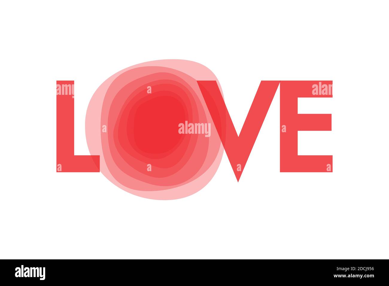 Design grafico moderno di una parola 'Amore'. Forme geometriche circolari trasparenti nell'astrazione dei fiori. Tipografia urbana di colore rosso. Foto Stock