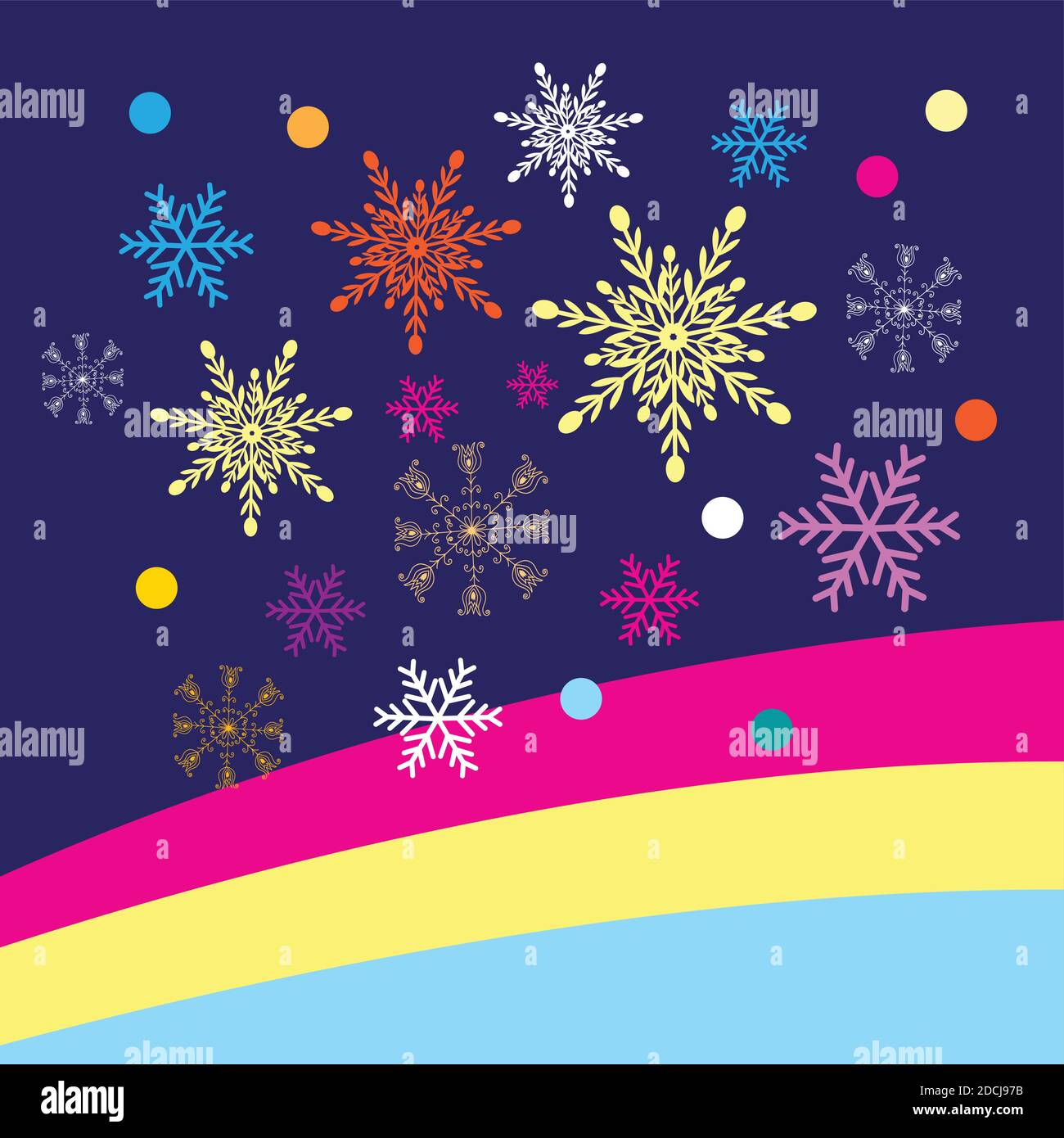 Fiocchi di neve vettore di Natale colorati su sfondo blu. Esempio di un nuovo anno di vacanza per un sito web o un poster. Illustrazione Vettoriale