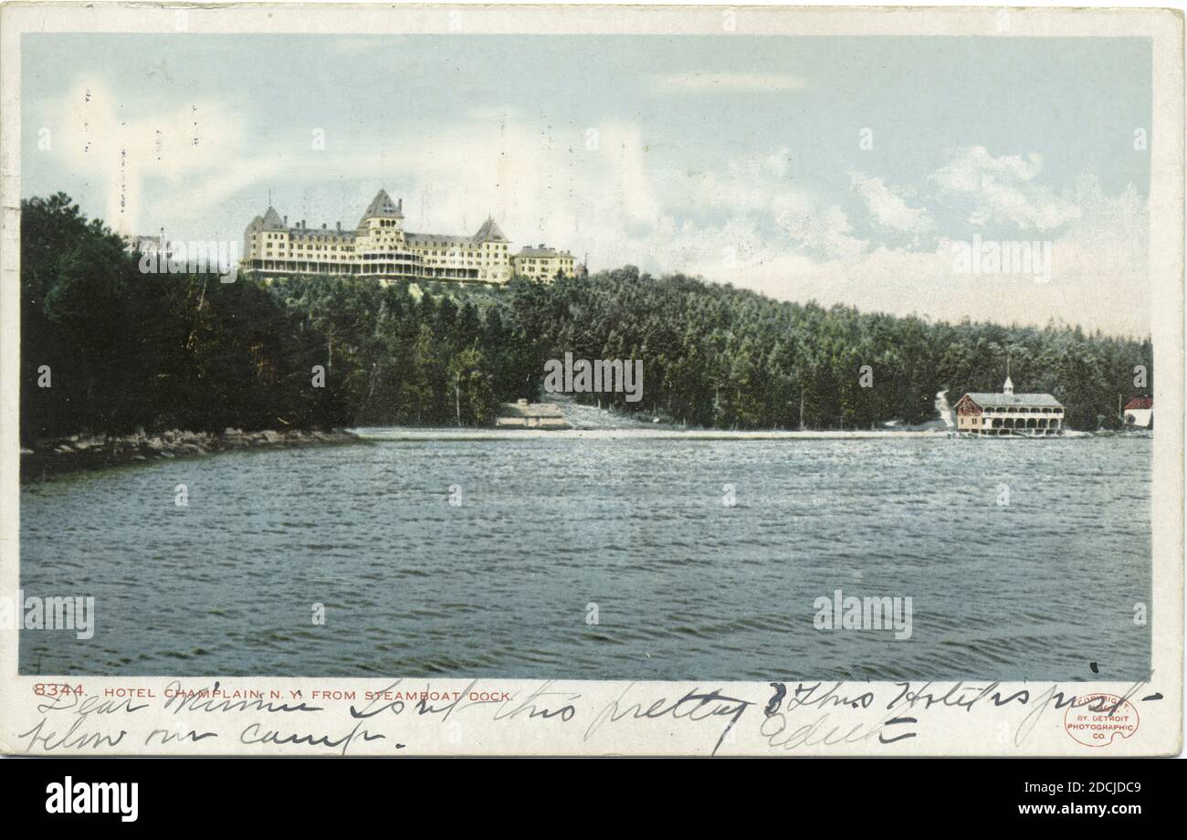 Hotel Champlain da Steamboat Landing, Lago Champlain, N. Y., immagine, Cartoline, 1898 - 1931 Foto Stock