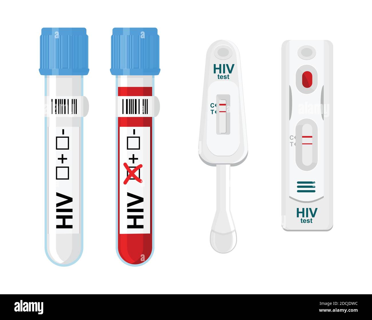Kit per test HIV e test automatico con provetta per analisi del sangue da laboratorio. Illustrazione Vettoriale