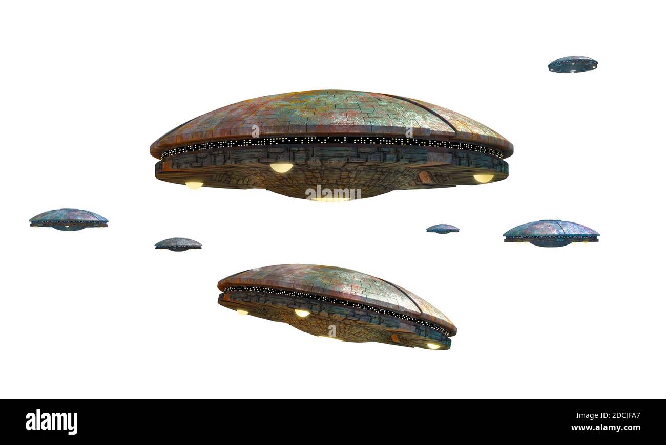 Illustrazioni 3D di un UFO in diverse immagini regolate per la prospettiva, per opere d'arte fantascientifica o viaggi interstellari nello spazio profondo. Tracciato di ritaglio in Foto Stock