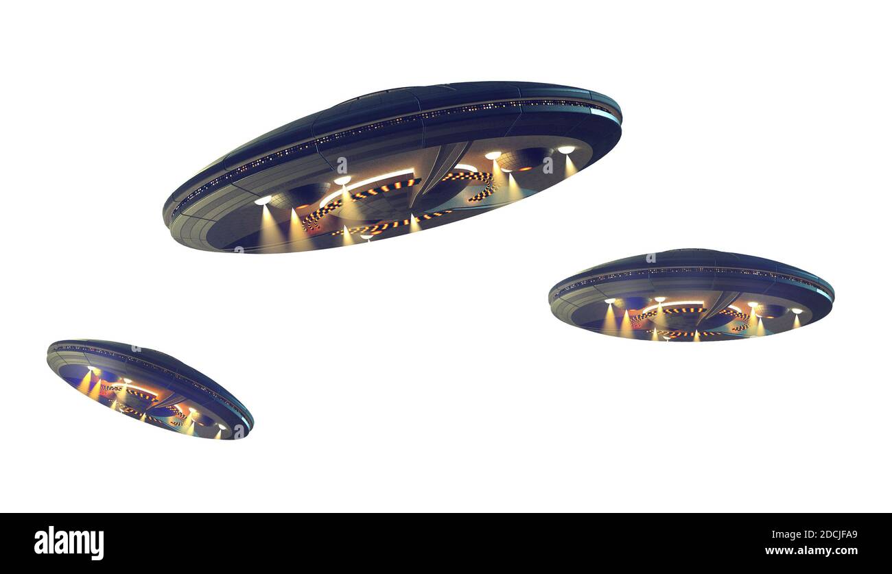 Illustrazioni 3D di un UFO in diverse immagini regolate per la prospettiva, per opere d'arte fantascientifica o viaggi interstellari nello spazio profondo. Tracciato di ritaglio in Foto Stock